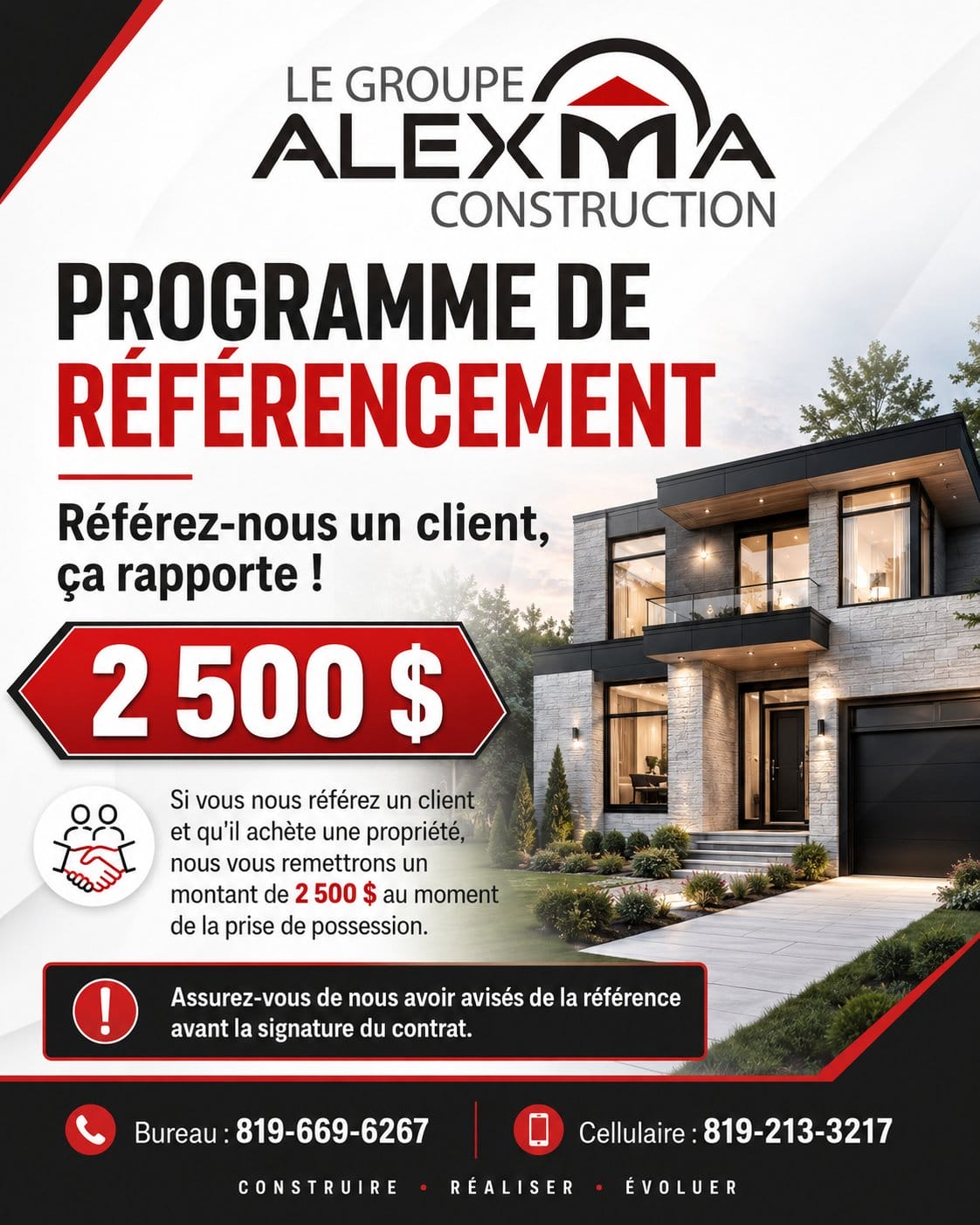 Programme de référencement Alexma : 2 500 $ si vous nous référez un client qui achète une propriété